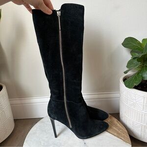 French Connection Molly Suede Tall High Boots Gold Zip Stiletto Heel black boot